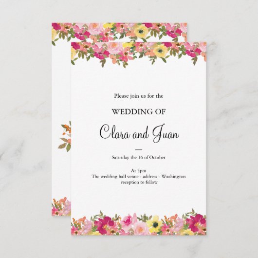 Rosa Aquarellblüte Einladung (Vorne/Hinten)