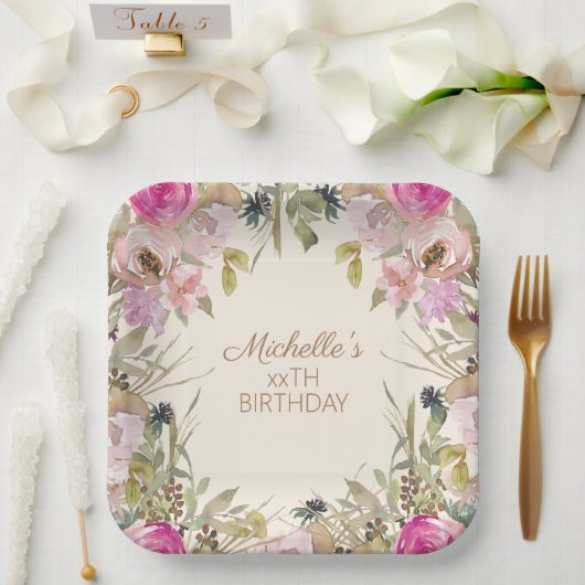 Rosa Aquarellblüte jedes Alter Geburtstag Pappteller (Hochzeit)