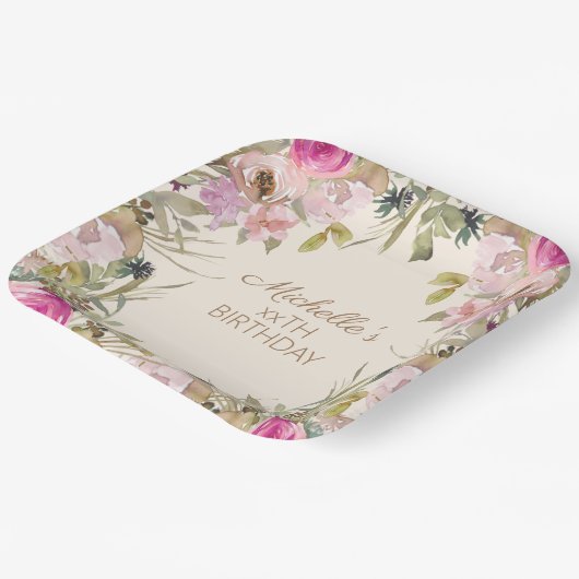 Rosa Aquarellblüte jedes Alter Geburtstag Pappteller (Gewinkelt)