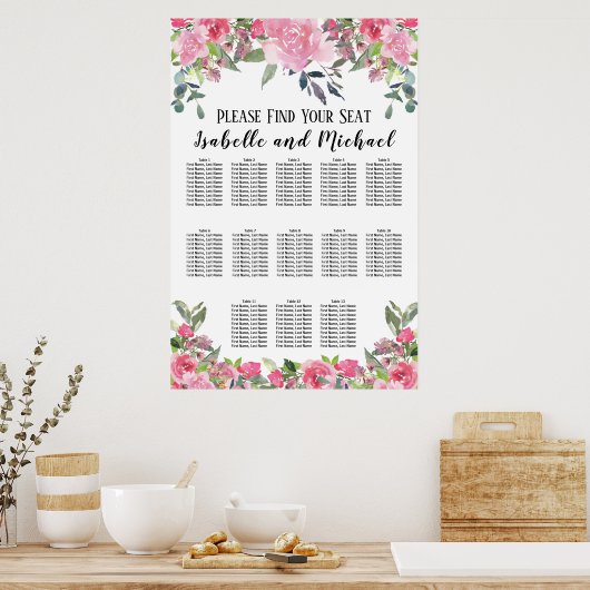 Rosa Aquarellblütendiagramm mit 13 Tischen Poster (Küche)