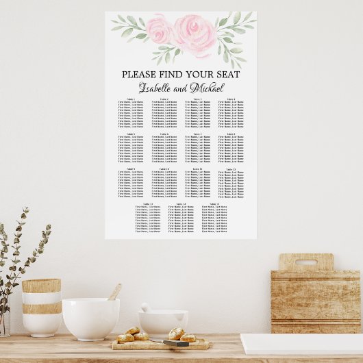 Rosa Aquarellblütendiagramm mit 15 Tischen Poster (Küche)