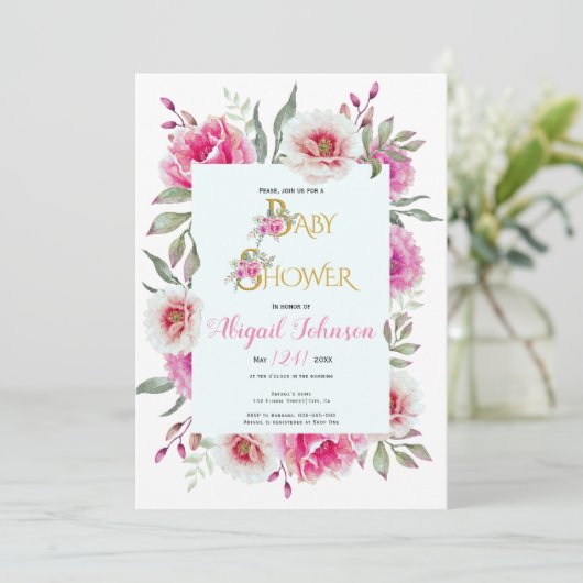 Rosa Aquarelldusche für Blume Einladung (Stehend Vorderseite)