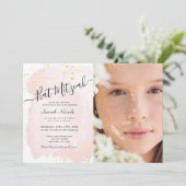 Rosa Aquarellfarbe x Gold Foto Bat Mitzvah Einladung (Stehend Vorderseite)