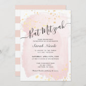 Rosa Aquarellfarbe x Gold Spritzer Bat Mitzvah Einladung (Vorne/Hinten)