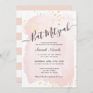 Rosa Aquarellfarbe x Gold Spritzer Bat Mitzvah Einladung