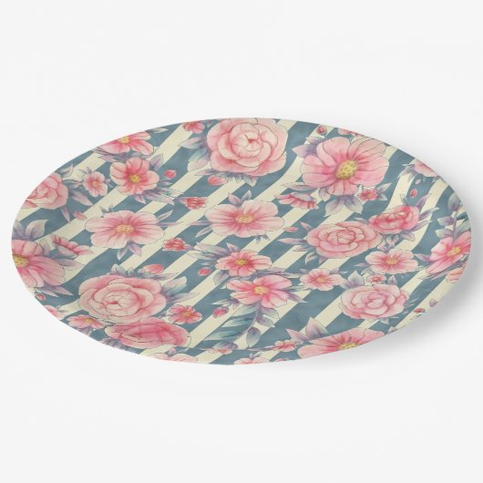 Rosa Aquarellfarben auf Streifen Pappteller (Schrägansicht)