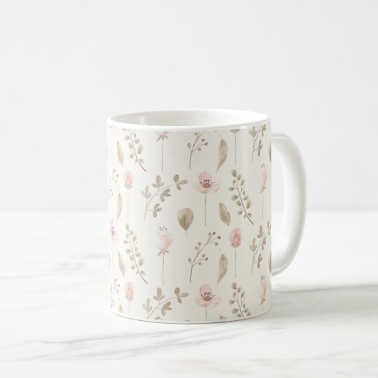 Rosa Aquarellfarben Blätter Muster Hübsch Kaffeetasse (VorderseiteRechts)
