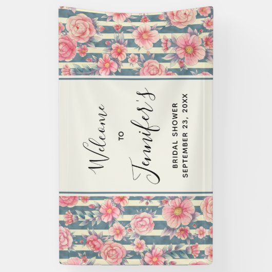 Rosa Aquarellfarben Blume auf Streifen Brautparty Banner (Vertikal)