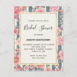 Rosa Aquarellfarben Blume auf Streifen Brautparty Einladungspostkarte