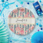 Rosa Aquarellfarben Blume auf Streifen Brautparty Pappteller (Party)