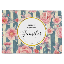 Rosa Aquarellfarben Blume auf Streifen Geburtstag Große Geschenktüte