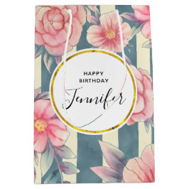 Rosa Aquarellfarben Blume auf Streifen Geburtstag Mittlere Geschenktüte