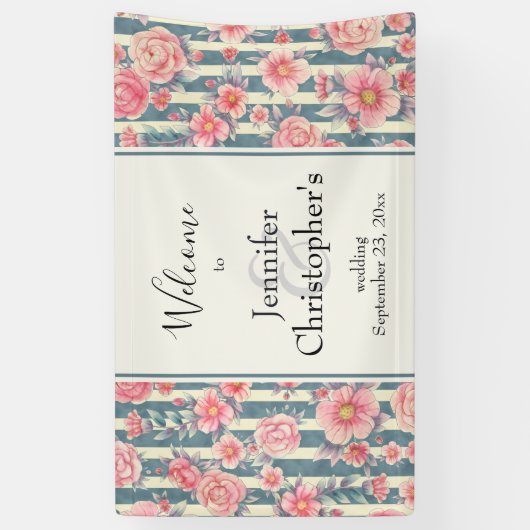 Rosa Aquarellfarben Blume auf Streifen Hochzeitsem Banner (Vertikal)