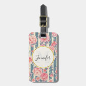 Rosa Aquarellfarben-Blume auf Streifen Monogramm Gepäckanhänger (Vorderseite vertikal)