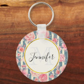 Rosa Aquarellfarben-Blume auf Streifen Monogramm Schlüsselanhänger (Vorderseite)