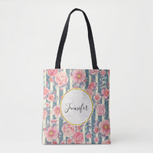 Rosa Aquarellfarben-Blume auf Streifen Monogramm Tasche