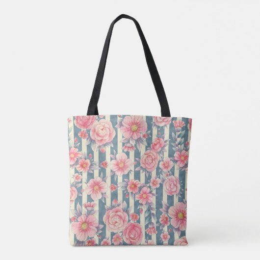 Rosa Aquarellfarben-Blume auf Streifen Monogramm Tasche (Rückseite)