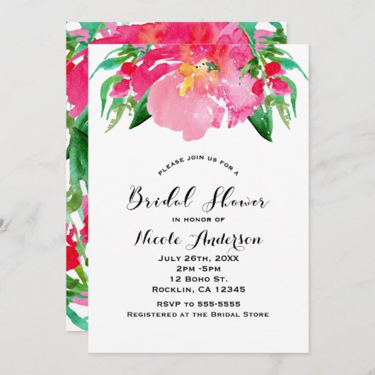 Rosa Aquarellfarben Blume Blumengebirge Sommer Bra Einladung (Vorne/Hinten)