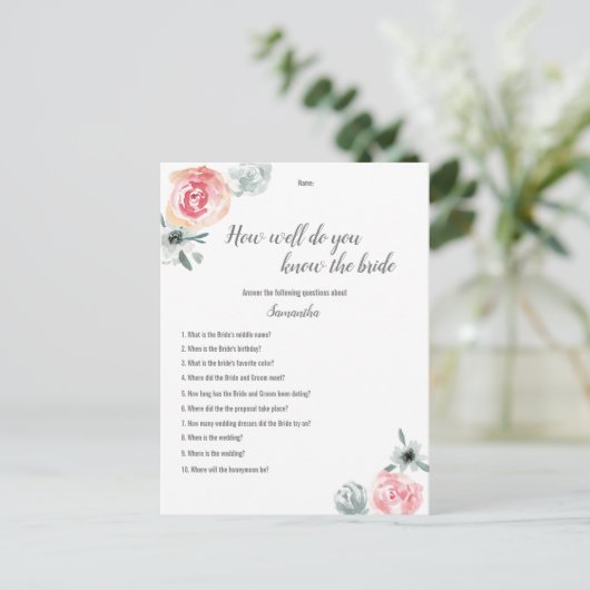 Rosa Aquarellfarben Blume Brautparty Game Ankündigungspostkarte (Stehend Vorderseite)