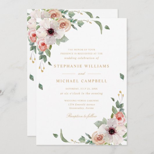 Rosa Aquarellfarben Blume Elegante Hochzeit Einladung (Vorne/Hinten)