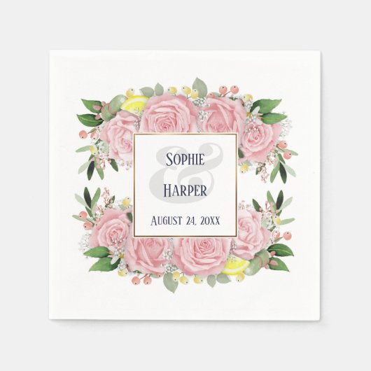 Rosa Aquarellfarben Blume Gelbe Zitronen Goldgrenz Serviette (Vorderseite)