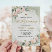 Rosa Aquarellfarben Blume Grüne Erstkommunion Einladung