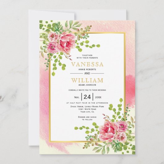 Rosa Aquarellfarben Blume Hochzeit Einladung (Vorderseite)