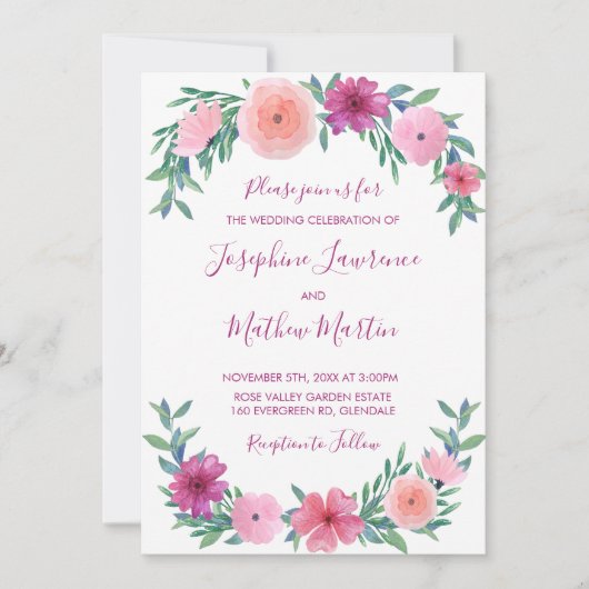 Rosa Aquarellfarben Blume Hochzeitsfeiern Einladung (Vorderseite)