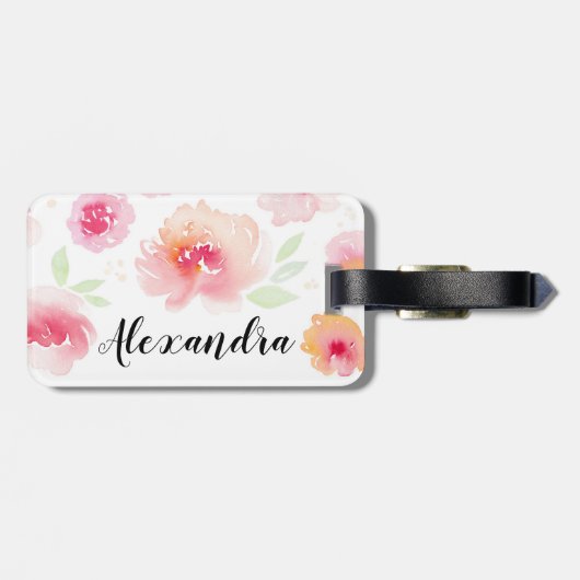 Rosa Aquarellfarben Blume Individuelle Name Gepäck Gepäckanhänger (Rückseite horizontal)