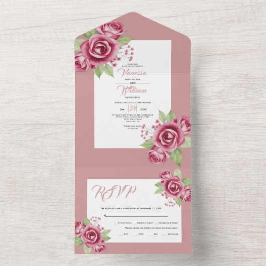 Rosa Aquarellfarben Blume Rose Blumenzwiebeln All In One Einladung (Innen Boden)