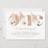 Rosa Aquarellfarben Blume Rose Gold erster Geburts Einladung (Vorderseite)