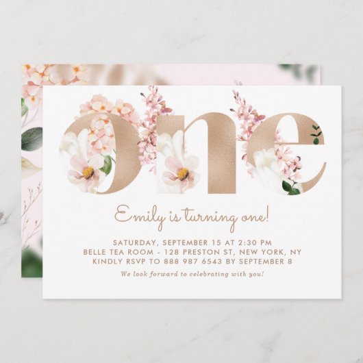 Rosa Aquarellfarben Blume Rose Gold erster Geburts Einladung (Vorne/Hinten)