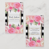 Rosa Aquarellfarben Blume Schwarz-weiße Streifen K Visitenkarte (Vorne/Hinten)