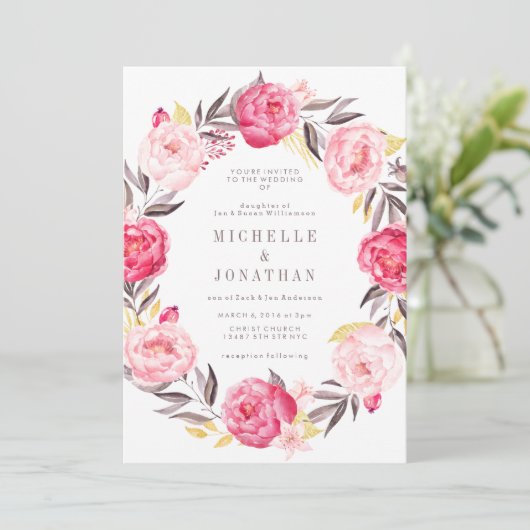 Rosa Aquarellfarben Blume Wreath Wedding Einladung (Stehend Vorderseite)