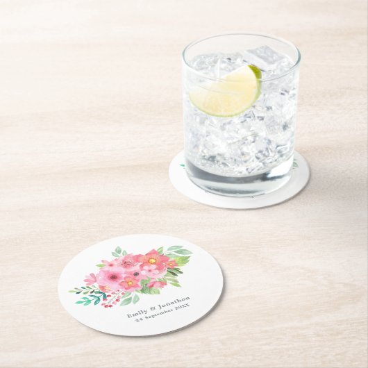 Rosa Aquarellfarben Blumenbezeichnungen Datum Hoch Runder Pappuntersetzer (Vor Ort)