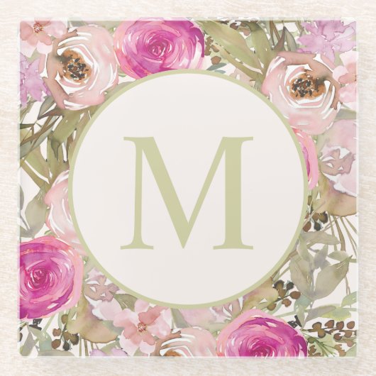 Rosa Aquarellfarben Blumenmatte Grüne Blätter Mono Glasuntersetzer (Vorderseite)