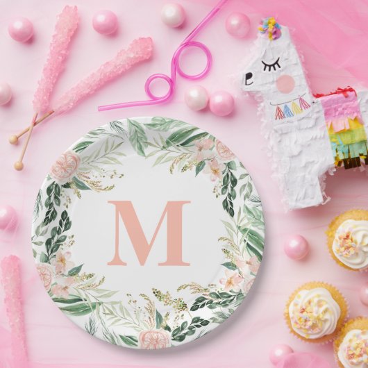 Rosa Aquarellfarben, blumenmonogramm Pappteller (Party)