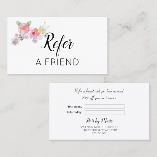 Rosa Aquarellfarben Blumenverleih Empfehlungskarte (Vorne/Hinten)