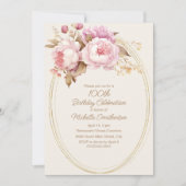 Rosa Aquarellfarben Blütengoldrahmen 100. Geburtst Einladung (Vorderseite)