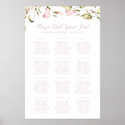 Rosa Aquarellfarben Brautparty Sitzplan Poster (Vorne)