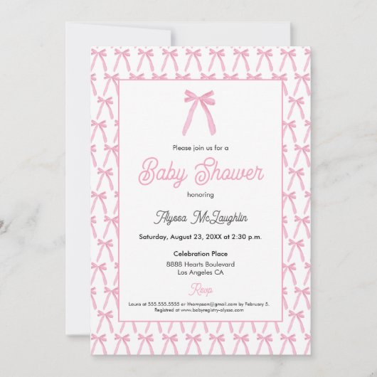 Rosa Aquarellfarben Bugband Babydusche Einladung (Vorderseite)