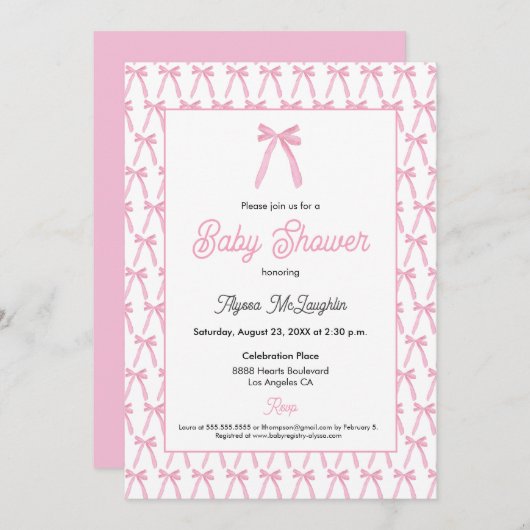 Rosa Aquarellfarben Bugband Babydusche Einladung (Vorne/Hinten)