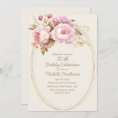 Rosa Aquarellfarben Floral Gold Rahmen 80. Geburts Einladung (Vorne/Hinten)