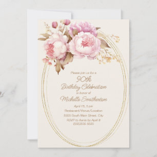 Rosa Aquarellfarben Floral Gold Rahmen 90. Geburts Einladung