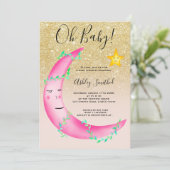 Rosa Aquarellfarben Glitzer Mond Stars Babydusche Einladung (Stehend Vorderseite)