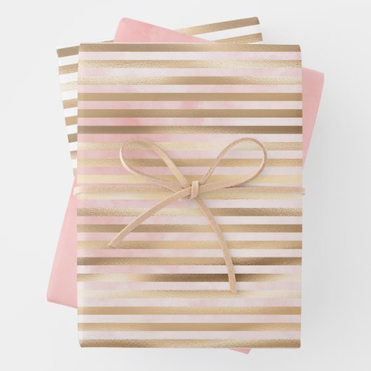 Rosa Aquarellfarben Gold Glam Streifen Geschenkpapier Set (Beispiel)