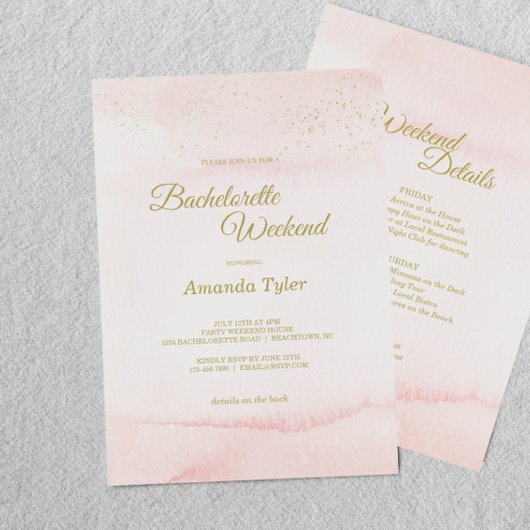 Rosa Aquarellfarben Goldtyp Bachelorette Wochenend Einladung