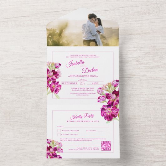 Rosa Aquarellfarben Hochzeit QR-UAWG All In One Einladung (Innen Boden)