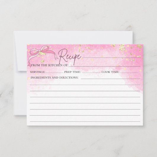 Rosa Aquarellfarben Imitate Gold Glitzer Bow Rezep Einladung (Vorderseite)