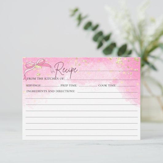 Rosa Aquarellfarben Imitate Gold Glitzer Bow Rezep Einladung (Stehend Vorderseite)